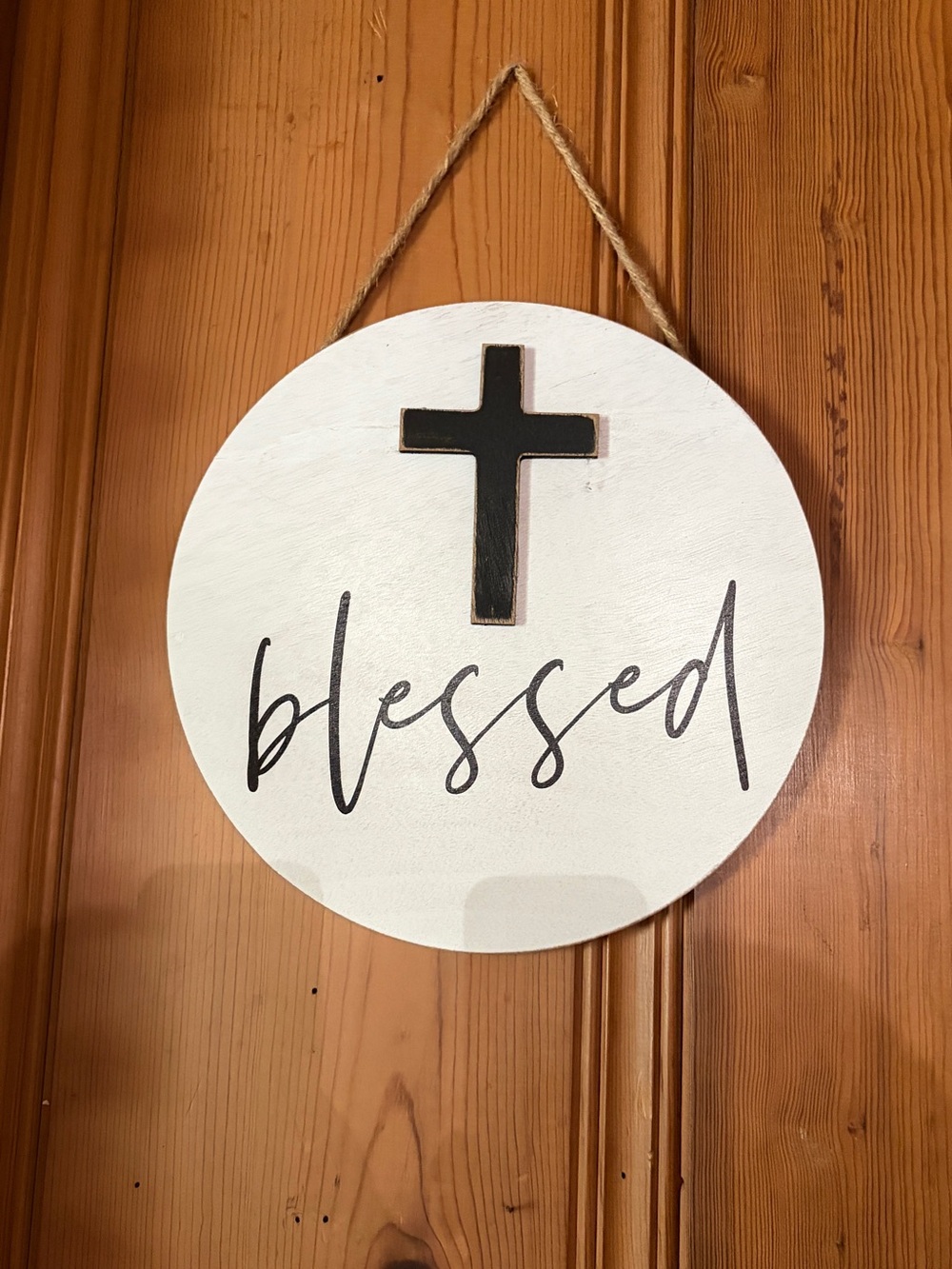 Hobby Lobby White Round 'Blessed' Wall Sign with Black Cross
